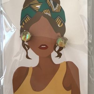 Earring Studs Iredecent Greens and Golds on Beautiful woman diversity Card